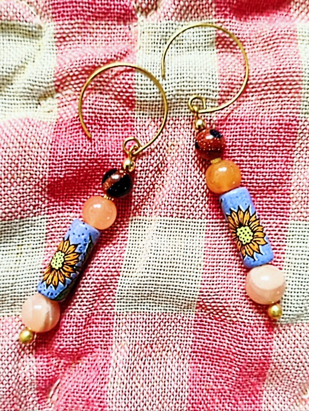Dainty Sunflower and Peach Aventurine Dangles